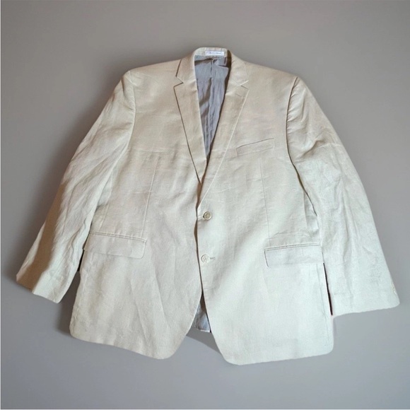 Calvin Klein Mens 46R Beige 100% Linen Sport Coat 2 Button Blazer Summer Coastal - Picture 1 of 15